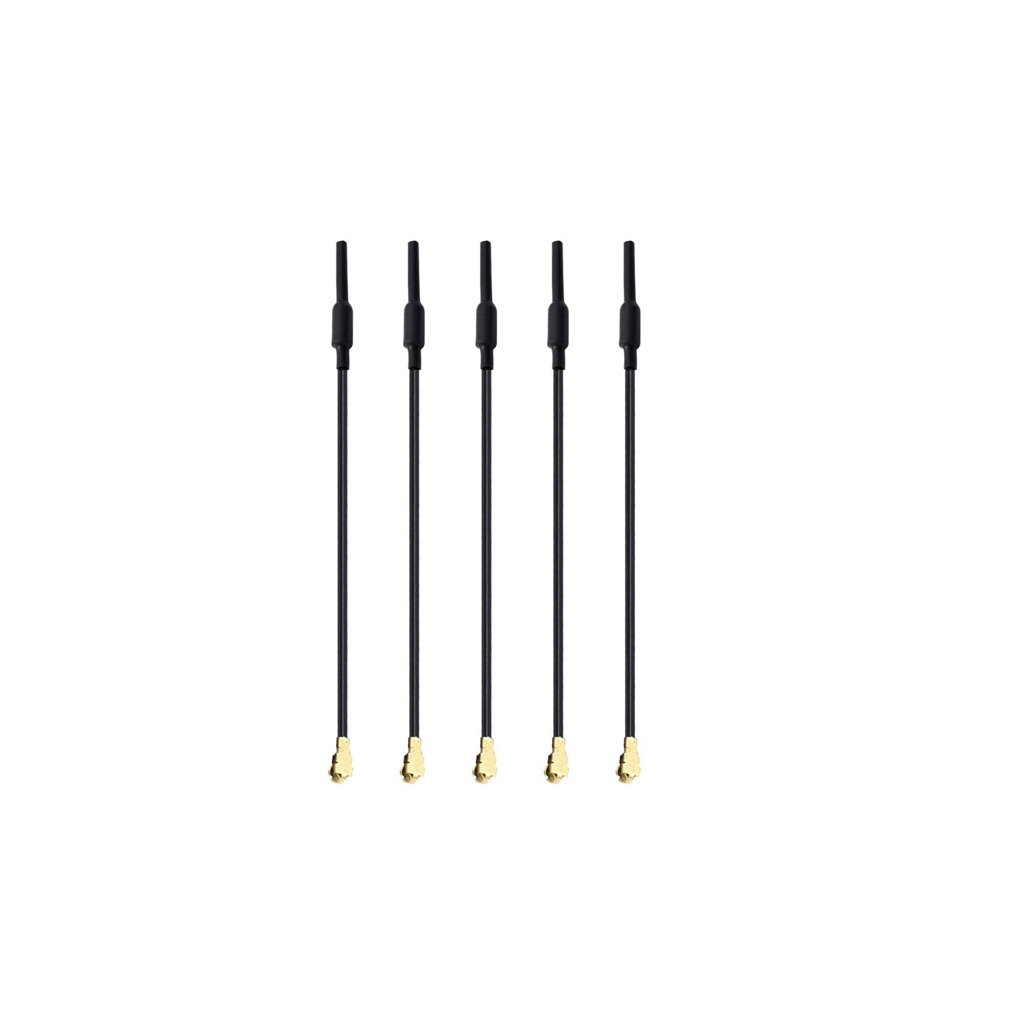 Set of five black whip antennas with long leads and gold coax connectors for compact wireless setups