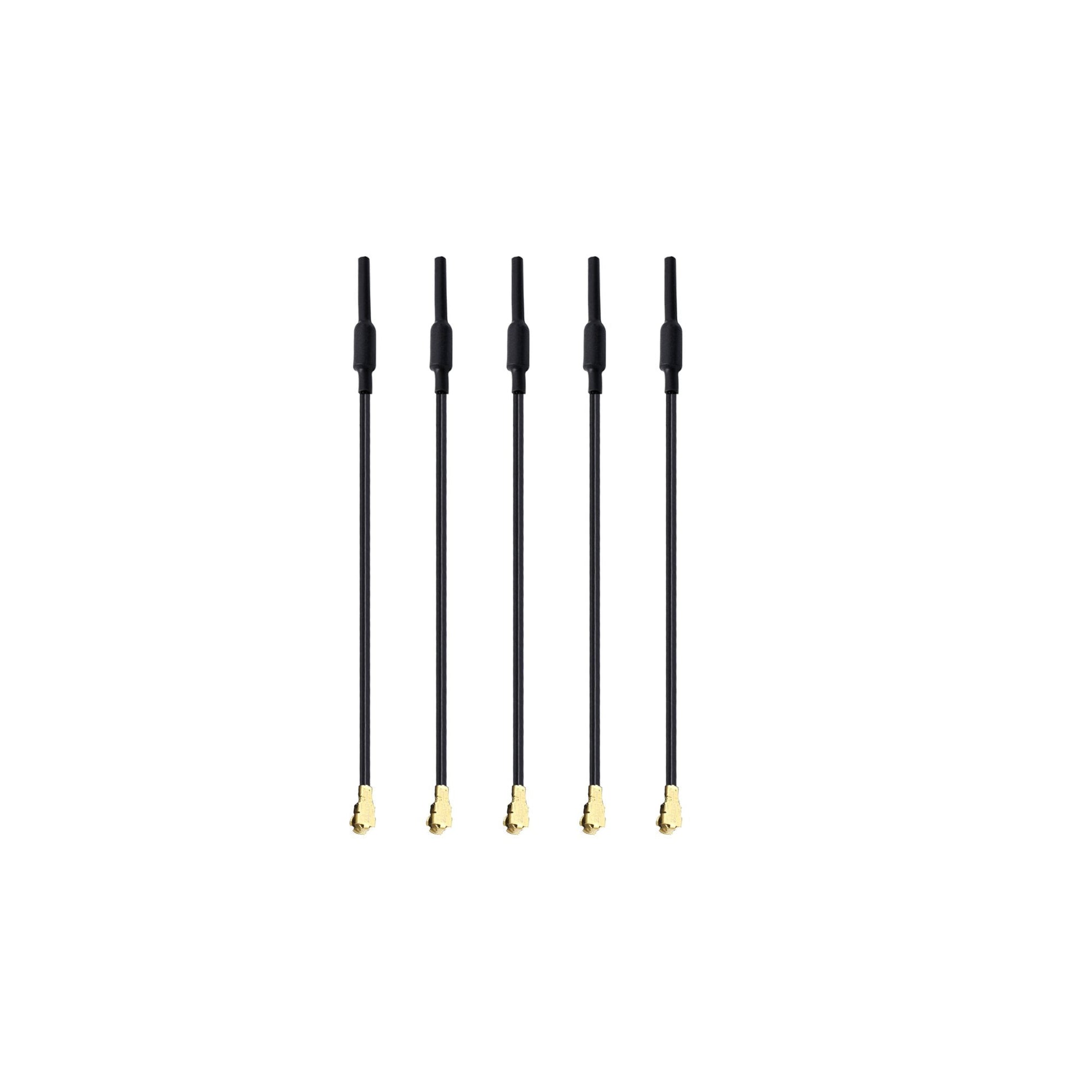 Set of five black whip antennas with long leads and gold coax connectors for compact wireless setups
