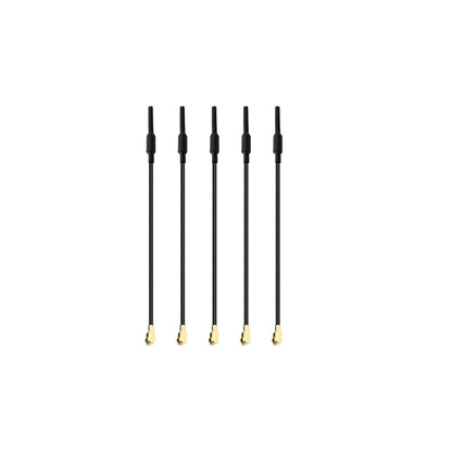 Set of five black whip antennas with long leads and gold coax connectors for compact wireless setups