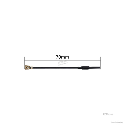 70mm coax antenna with a small snap-on U.FL-style connector and black cable with heat-shrink sleeve