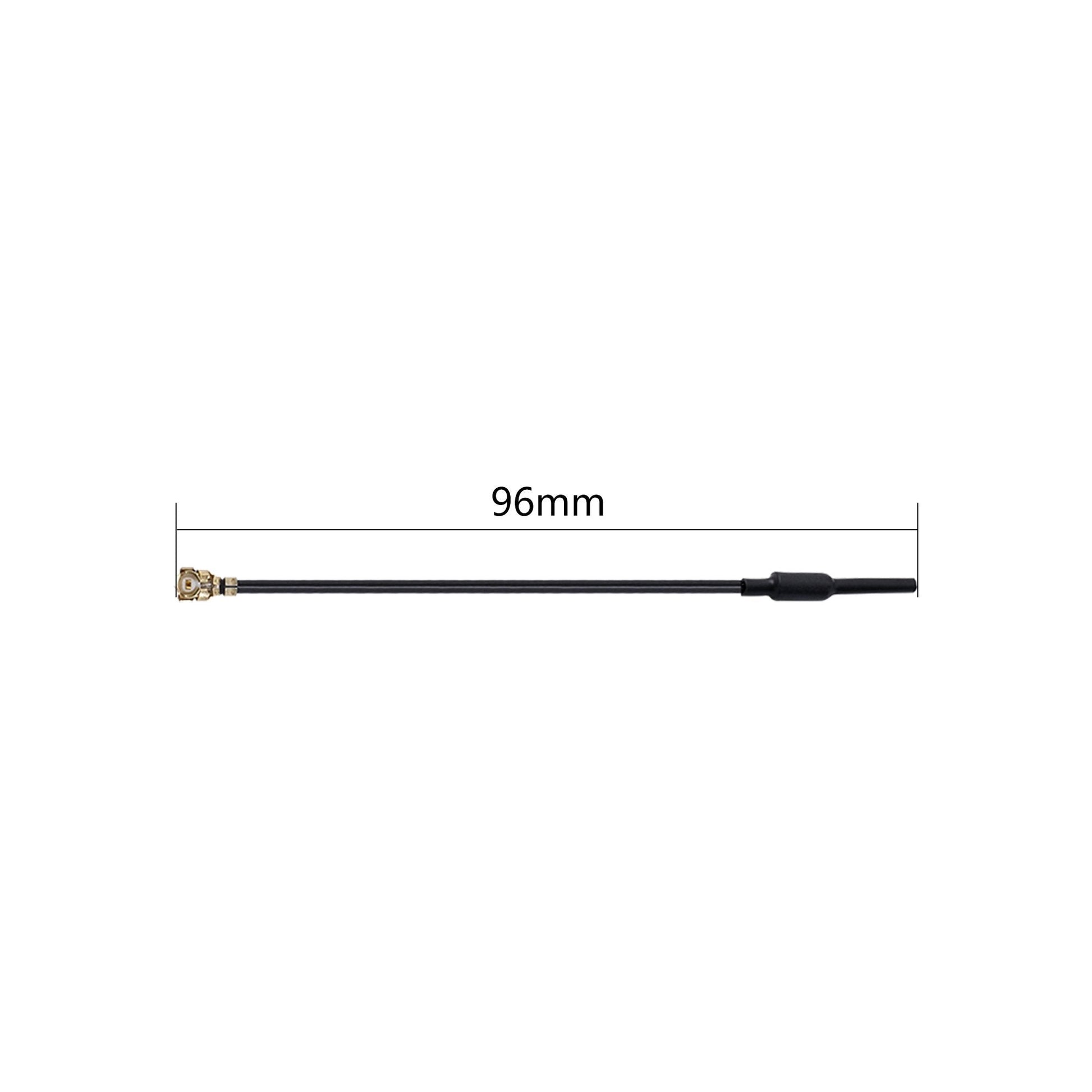 96mm coax antenna lead with right-angle U.FL/IPEX connector and slim black whip end