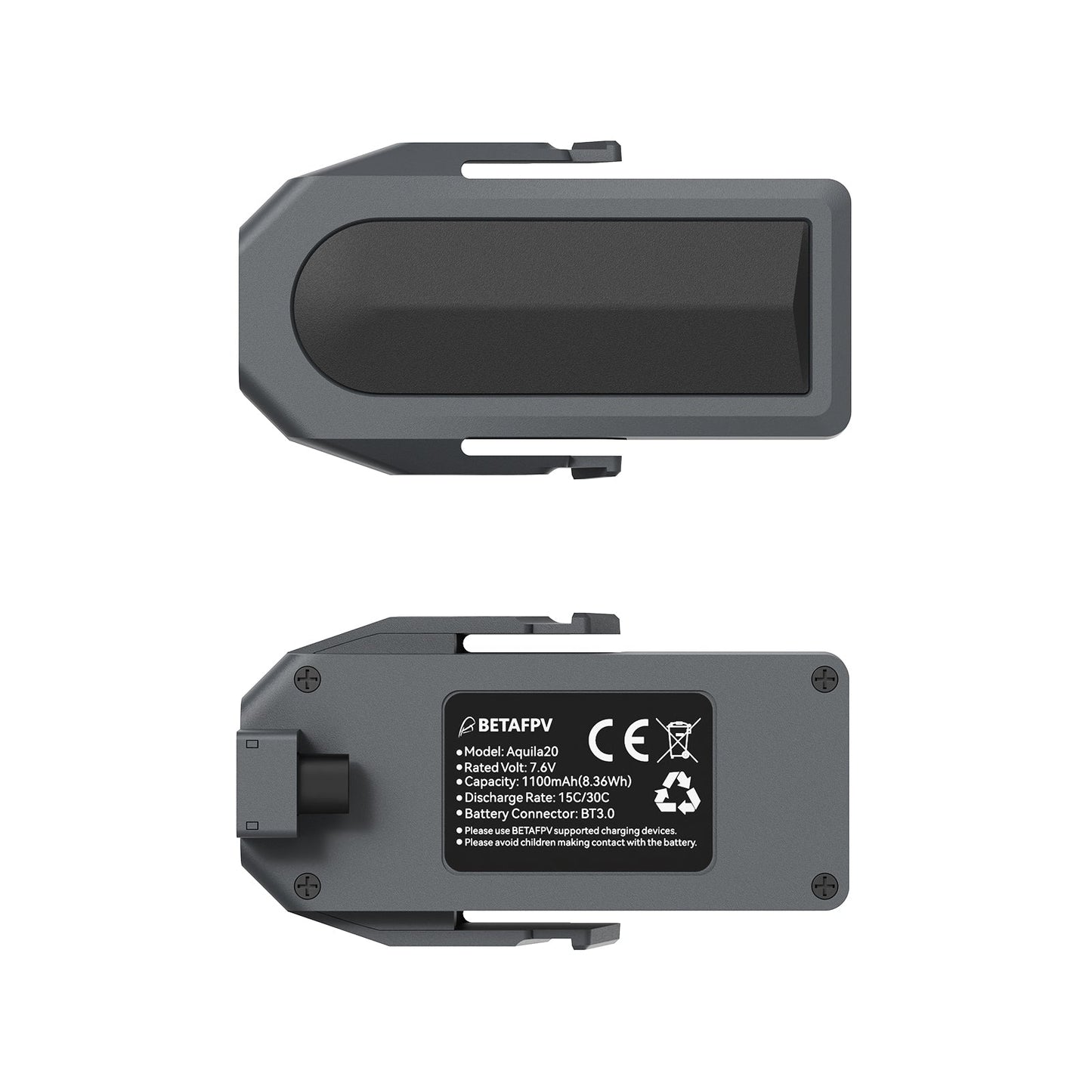 Top and bottom views of Aquila20 battery with BETAFPV spec label and plug connector