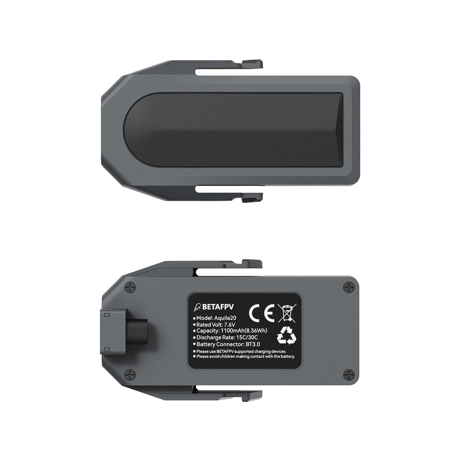 Top and bottom views of Aquila20 battery with BETAFPV spec label and plug connector