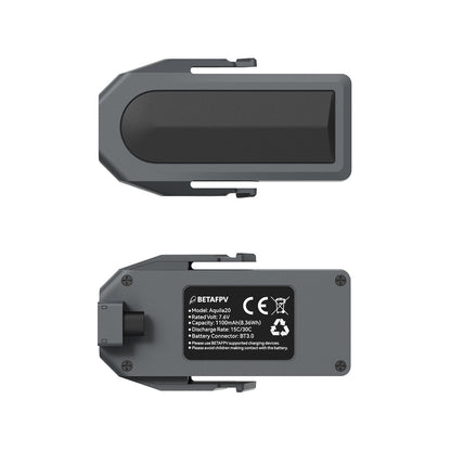 Top and bottom views of Aquila20 battery with BETAFPV spec label and plug connector
