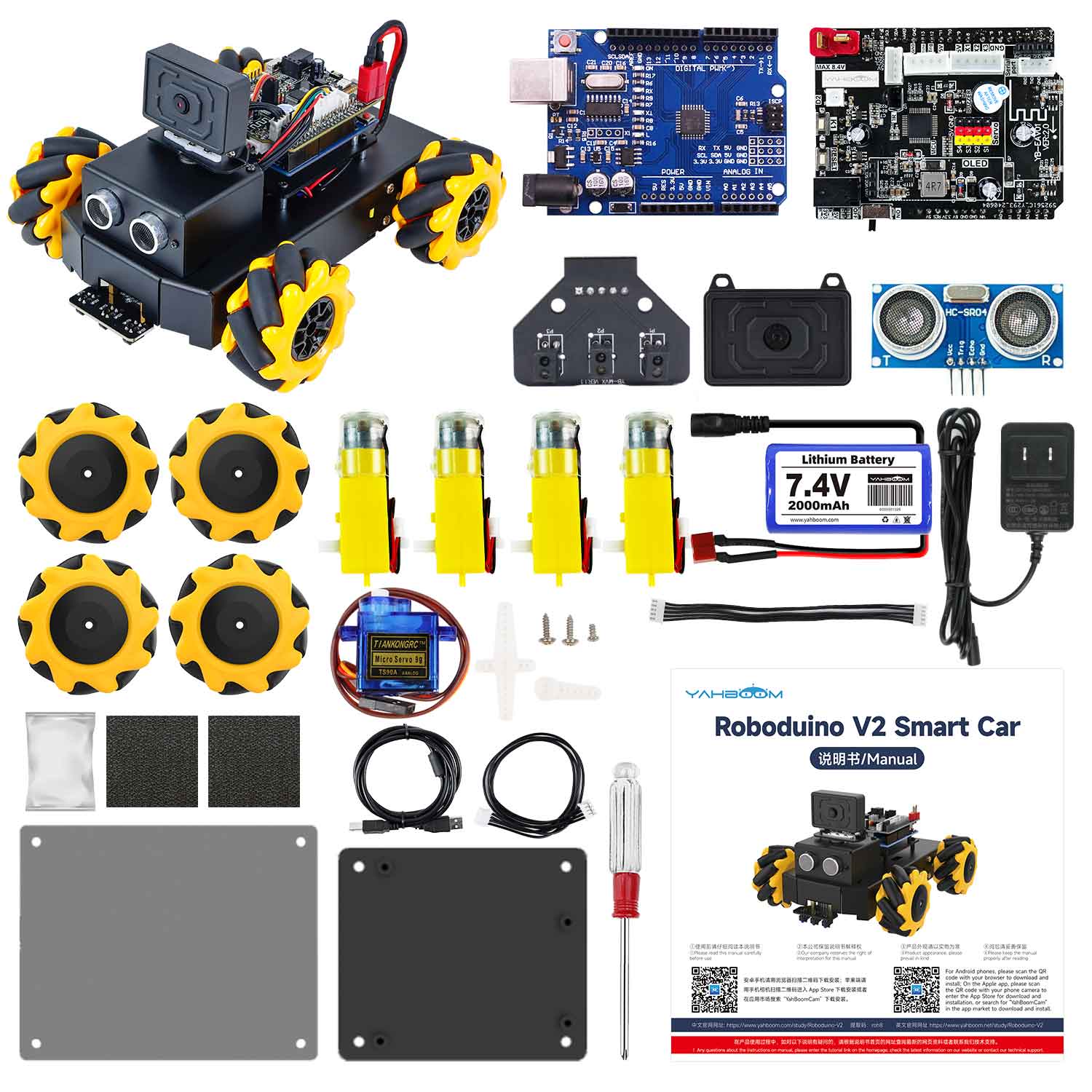 Roboduino V2 smart robot car kit contents layout with boards, wheels, motors, battery, cables and manual