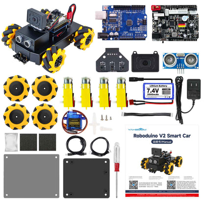 Roboduino V2 smart robot car kit contents layout with boards, wheels, motors, battery, cables and manual