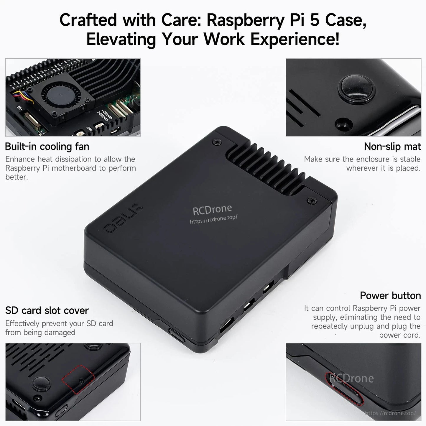 Argon NEO 5 case features graphic showing built-in cooling fan, non-slip mat, SD card slot cover, power button
