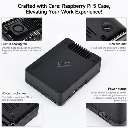 Argon NEO 5 case features graphic showing built-in cooling fan, non-slip mat, SD card slot cover, power button