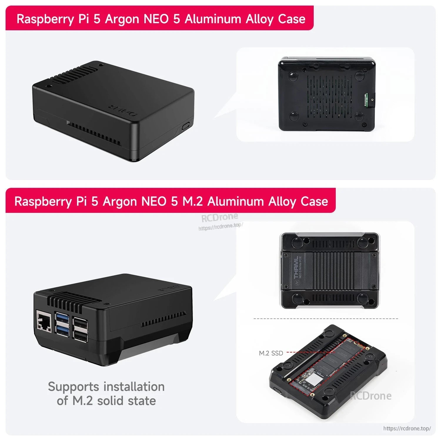 Comparison graphic: Argon NEO 5 standard case vs NEO 5 M.2 version with bottom view and M.2 SSD support