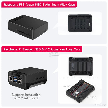 Comparison graphic: Argon NEO 5 standard case vs NEO 5 M.2 version with bottom view and M.2 SSD support