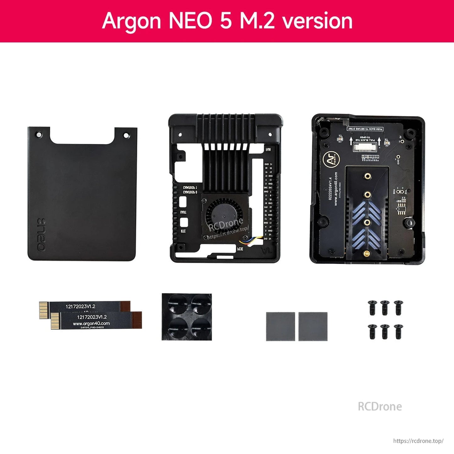 Argon NEO 5 M.2 version contents: top cover, fan frame, M.2 bottom board, thermal pads, screws