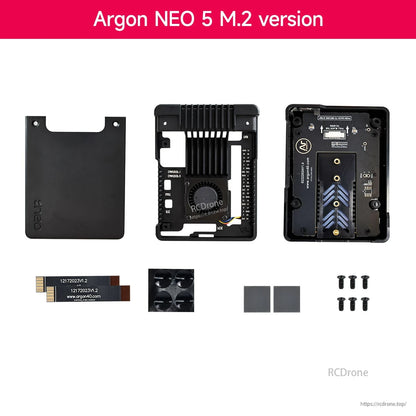 Argon NEO 5 M.2 version contents: top cover, fan frame, M.2 bottom board, thermal pads, screws