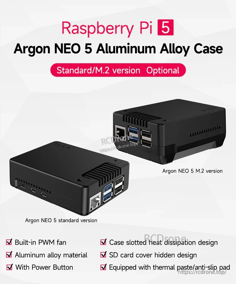 Argon NEO 5 Aluminum Alloy Case for Raspberry Pi 5, Standard and M.2 versions with built-in PWM fan
