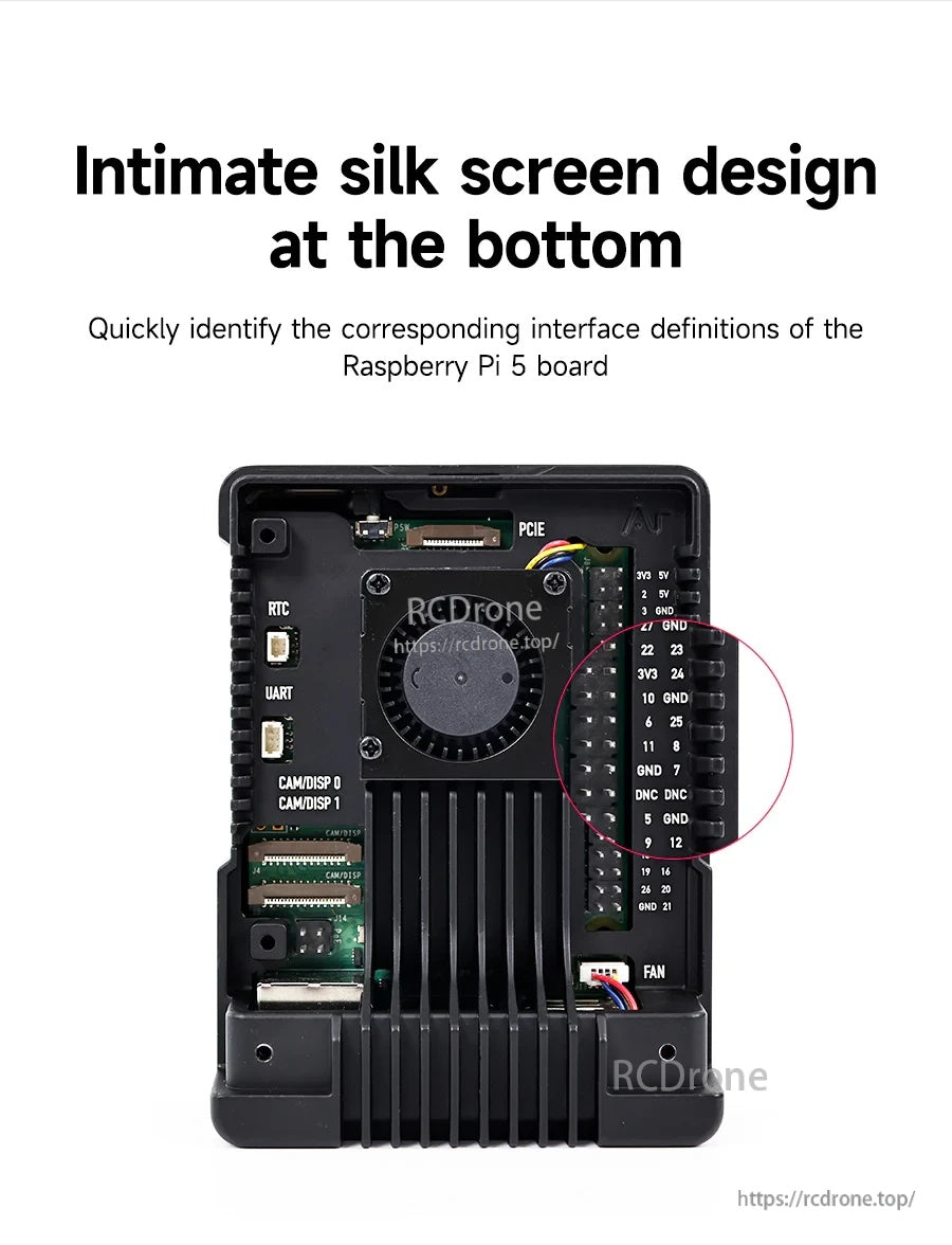 Bottom interior view with silkscreen labels for Raspberry Pi 5 headers and connectors
