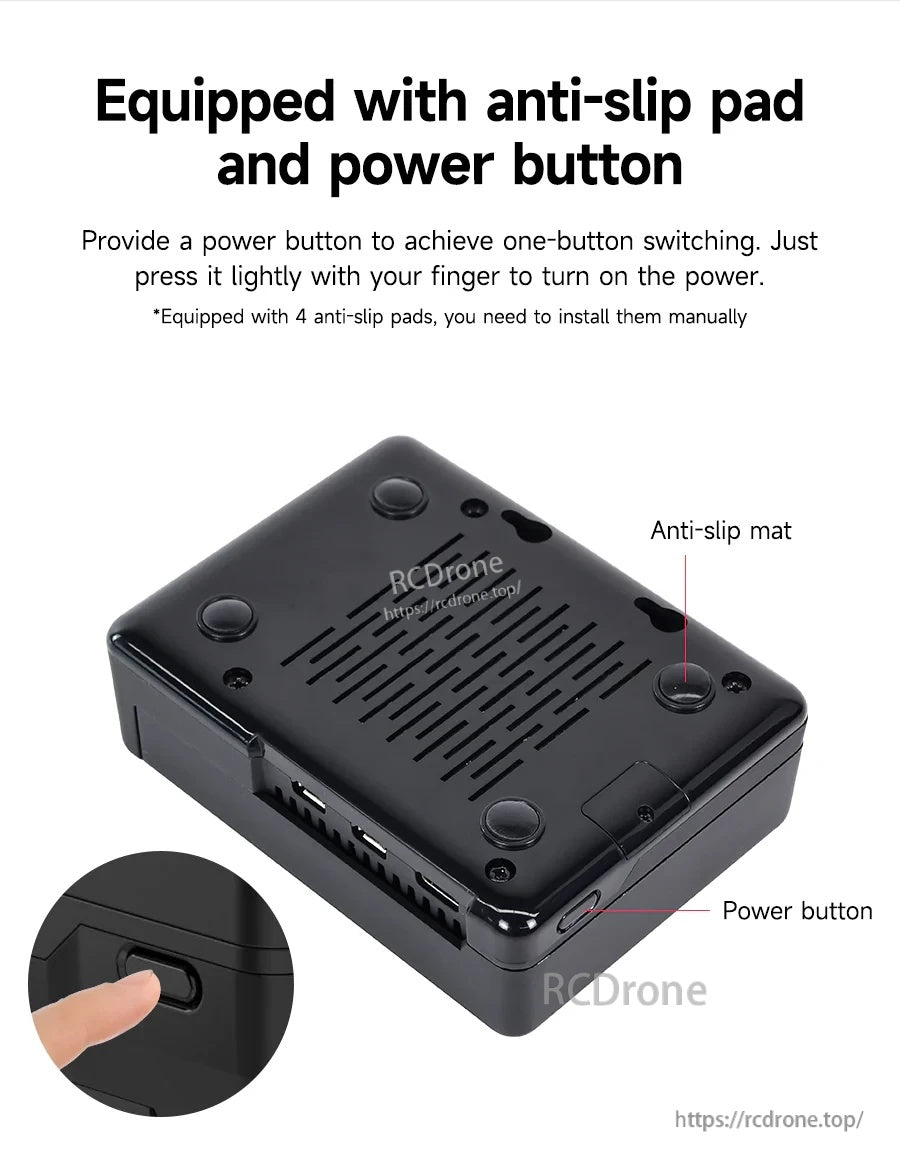 Underside view highlighting integrated power button and four anti-slip pads on the base
