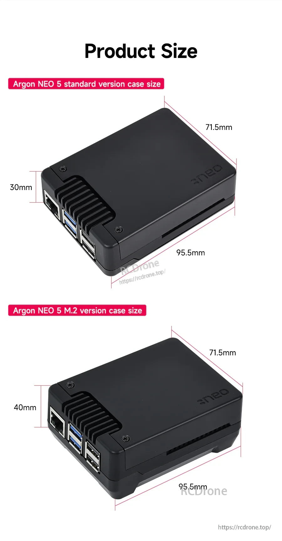 Dimensions for Argon NEO 5 Standard (95.5×71.5×30mm) and M.2 version (95.5×71.5×40mm)