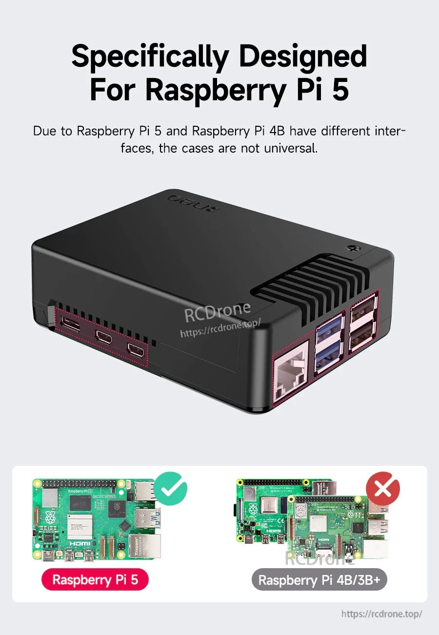 Case labeled as designed specifically for Raspberry Pi 5, not compatible with Raspberry Pi 4B/3B+ layouts