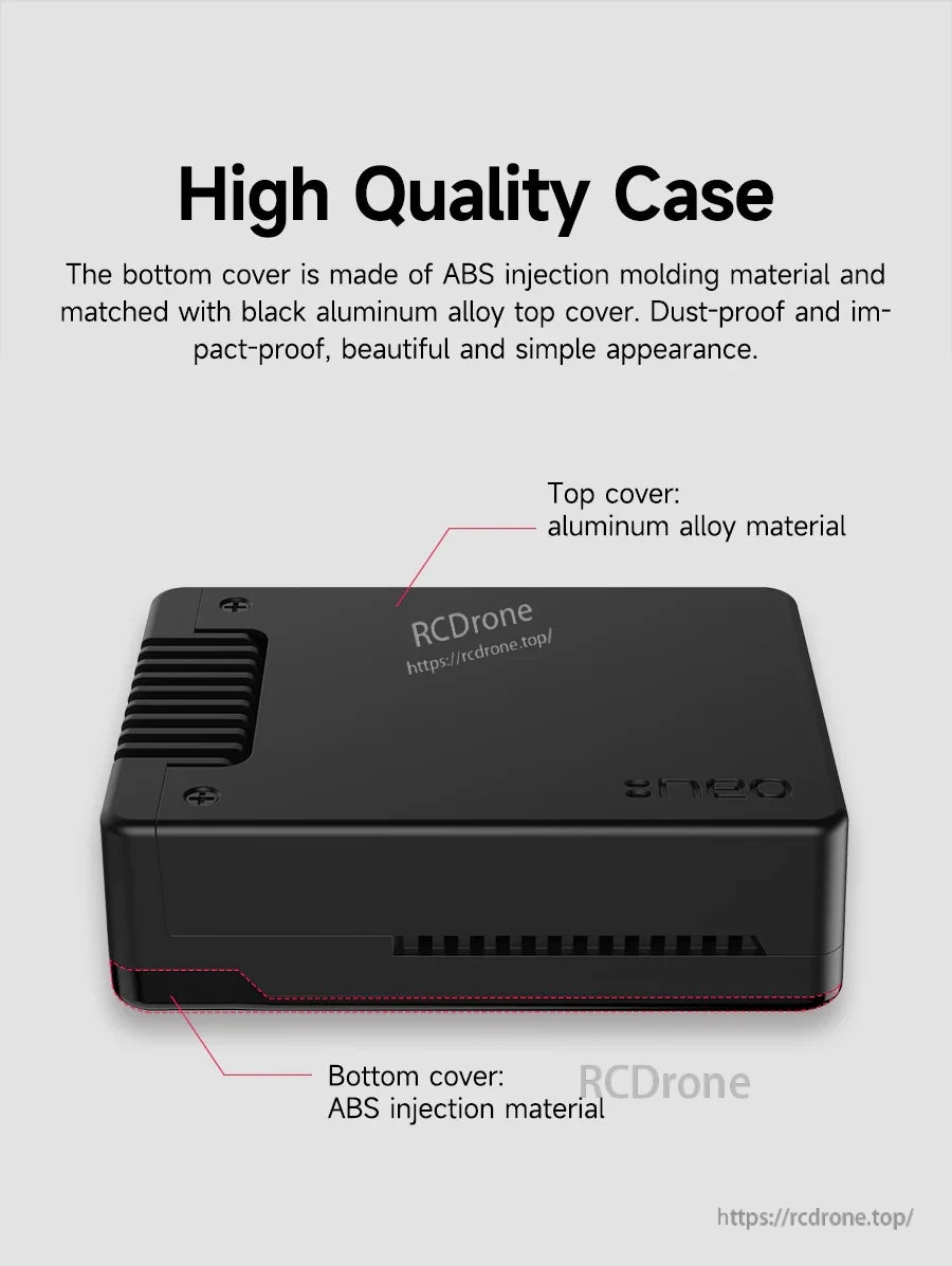 Material callout: aluminum alloy top cover for heat conduction with ABS plastic bottom cover