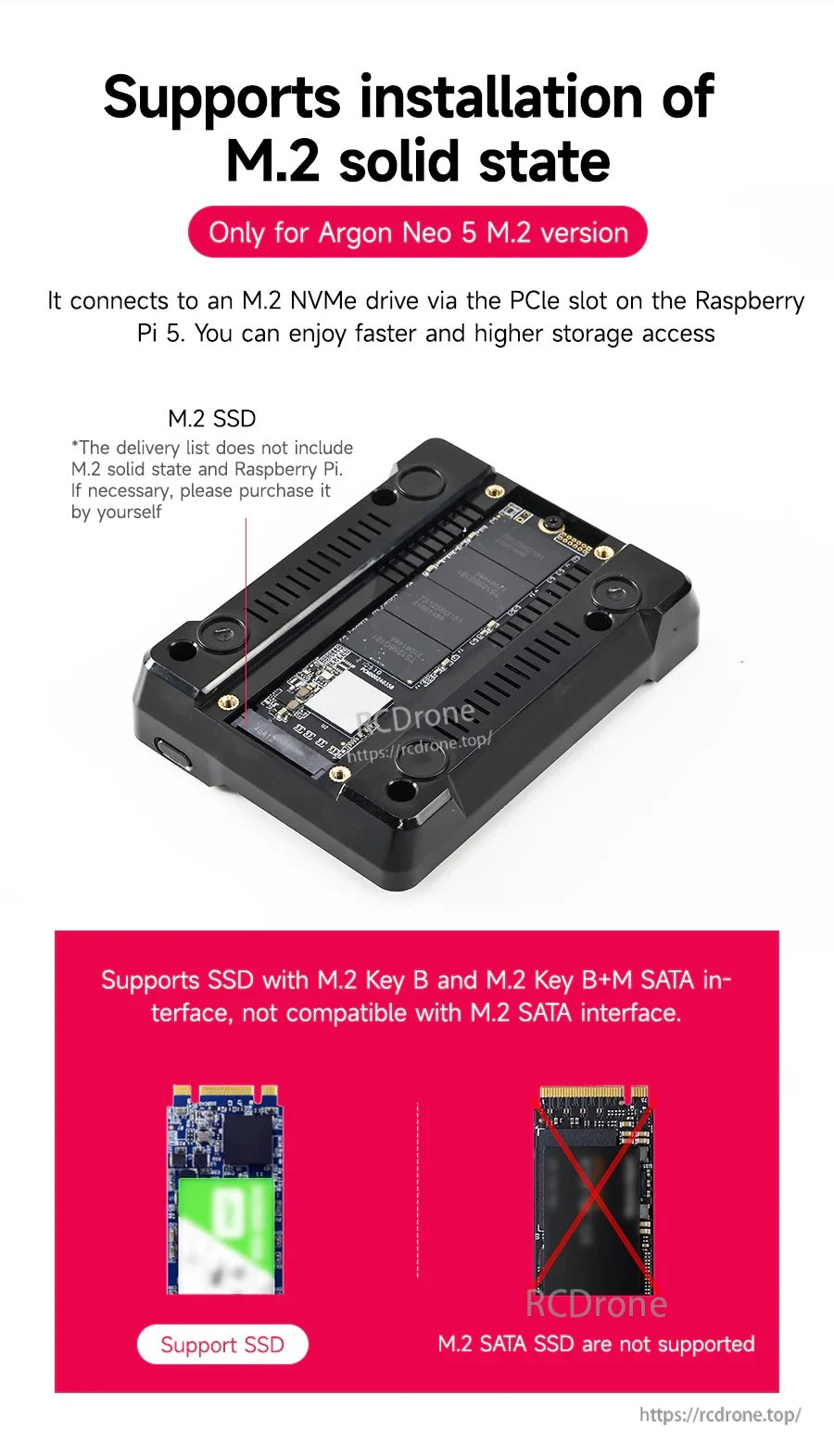 M.2 version base with SSD mount area and note about supported M.2 key types via Raspberry Pi 5 PCIe