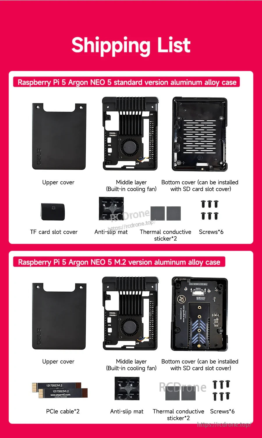 Package contents list for Standard and M.2 versions: covers, fan layer, pads, thermal stickers, screws, PCIe cable