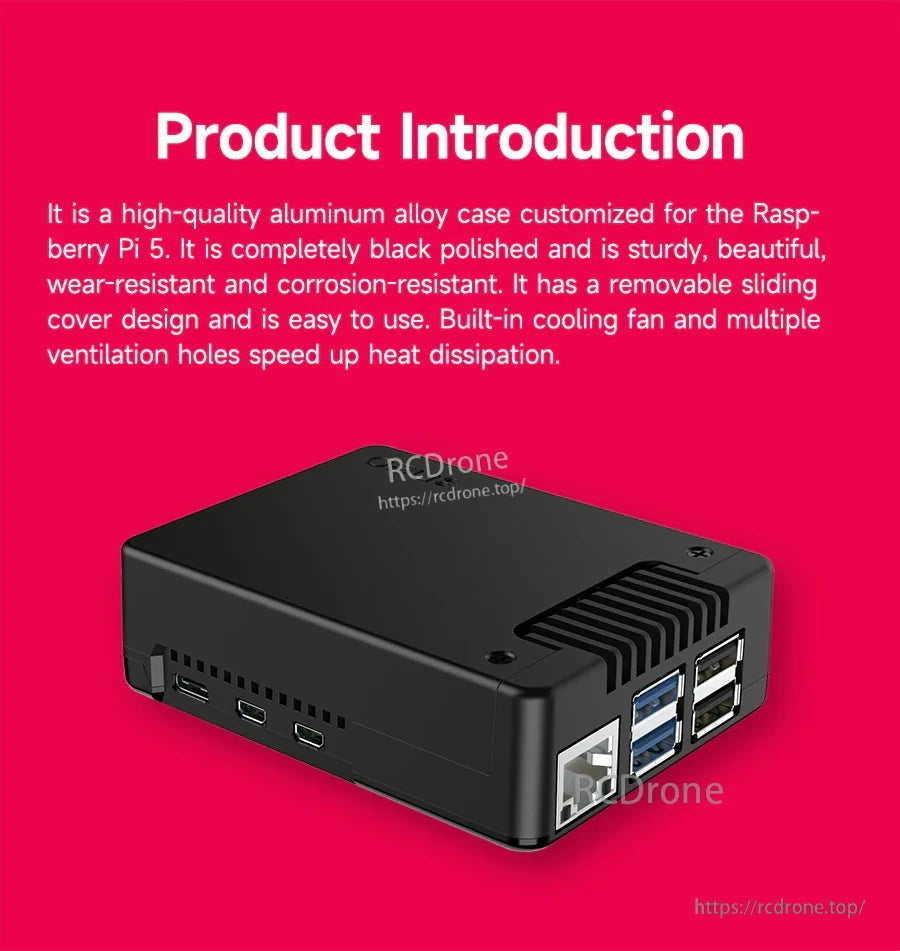 Angled view of the Argon NEO 5 case with Raspberry Pi 5 cutouts for USB, Ethernet, and dual microHDMI