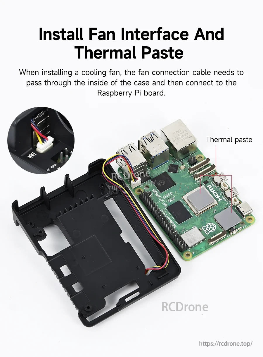 Installation step with Raspberry Pi 5 board, fan cable routing, and thermal paste application points