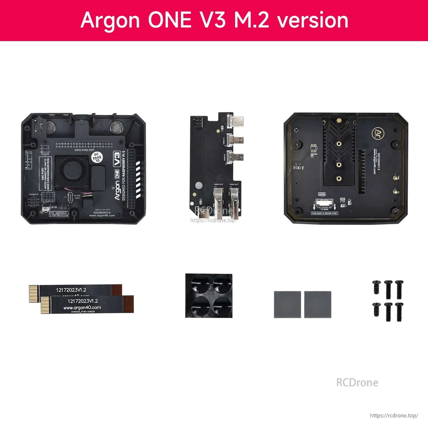 Argon ONE V3 M.2 version contents: case parts, M.2 base, fan module, ribbon cable, pads, screws