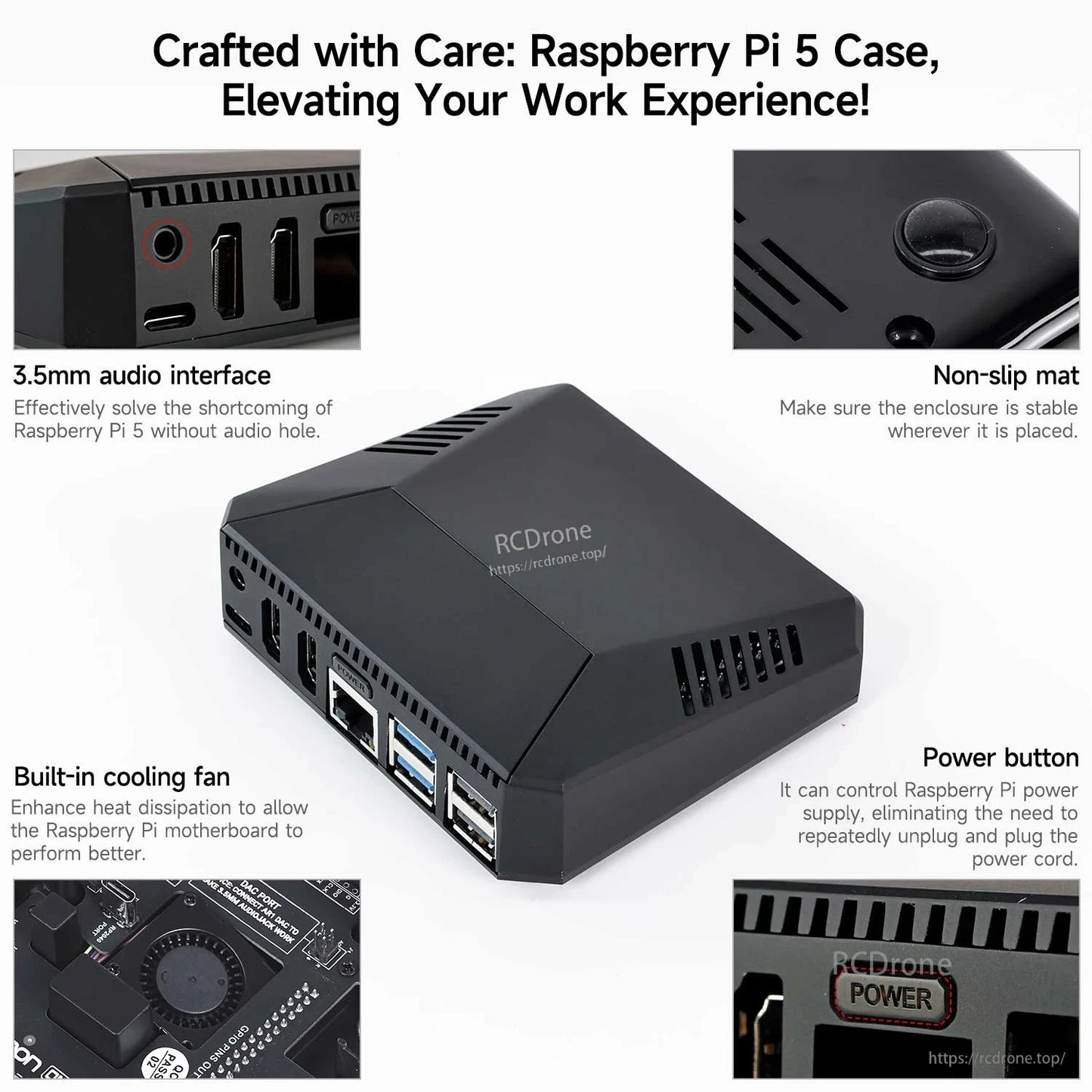 Feature graphic showing Raspberry Pi 5 case details: 3.5mm audio, non-slip mat, fan, power button