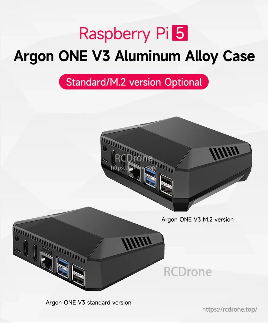 Argon ONE V3 Case for Raspberry Pi 5 in black aluminum, standard and M.2 versions shown