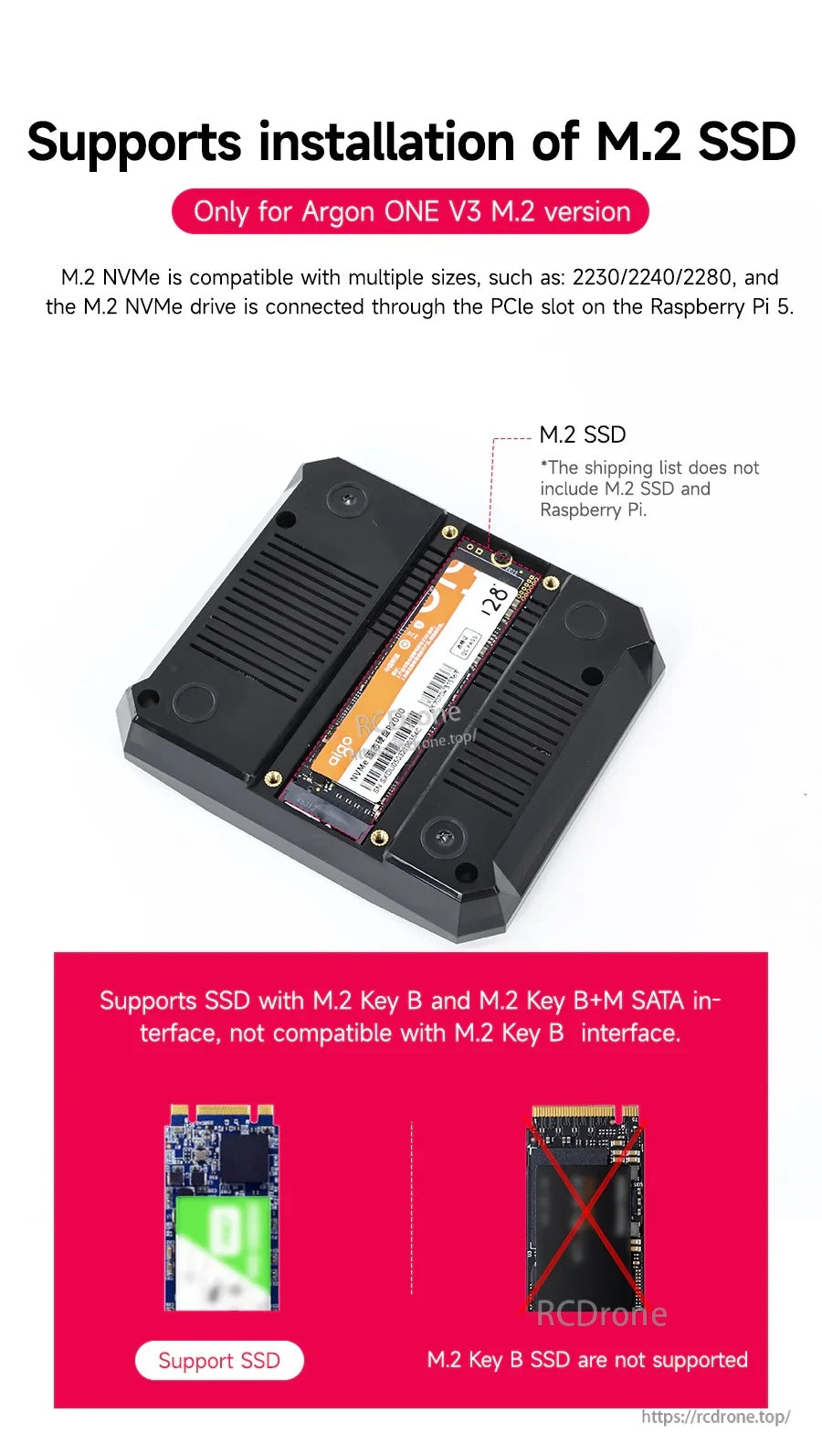 M.2 version underside with installed M.2 SSD bay, showing supported SATA keying note in graphic