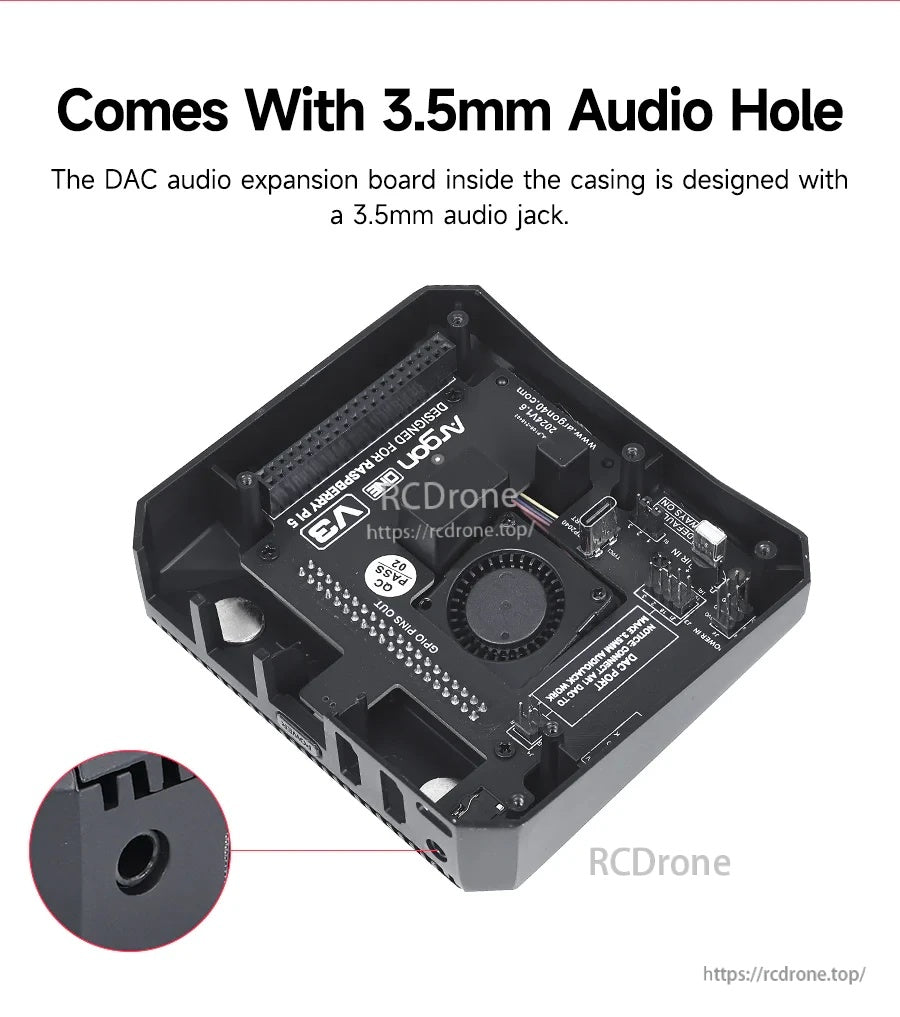 Internal DAC audio expansion board and external 3.5 mm audio opening on the case side
