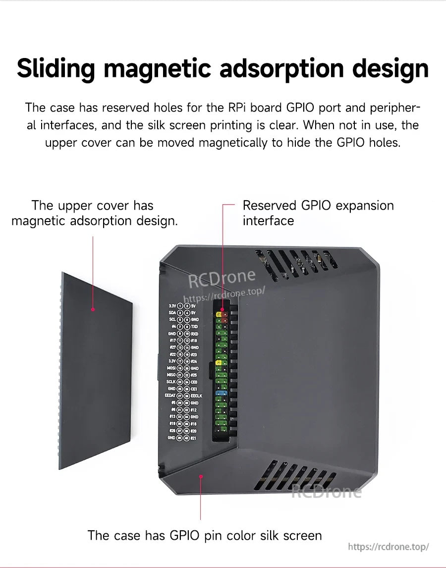 Magnetic sliding top cover opened to reveal GPIO area with color silkscreen pin labeling