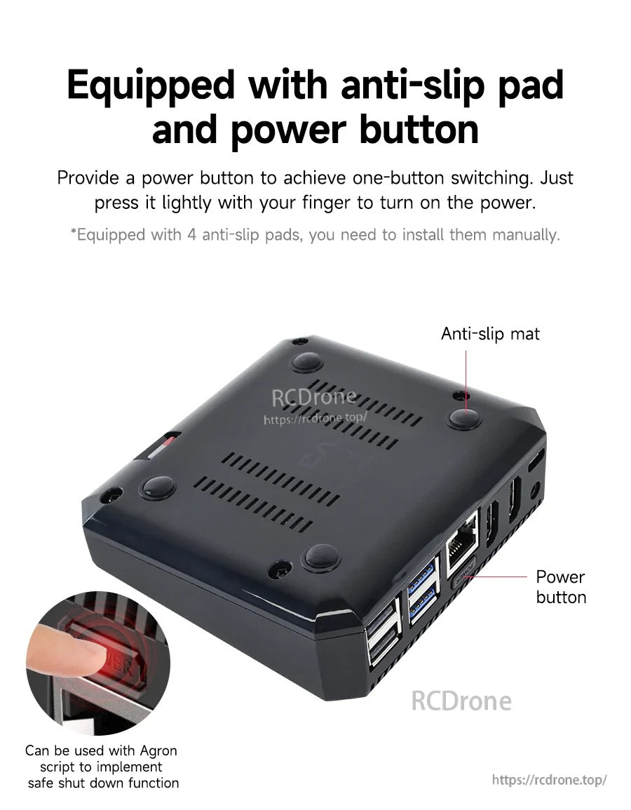 Bottom view showing four anti-slip pads and integrated power button on the case base