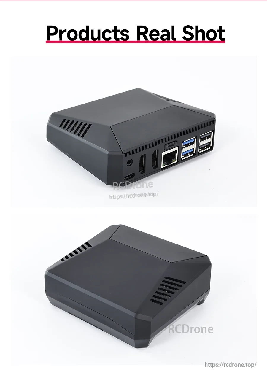 Argon ONE V3 black case with side ventilation and rear ports including HDMI, Ethernet, and USB-A connectors
