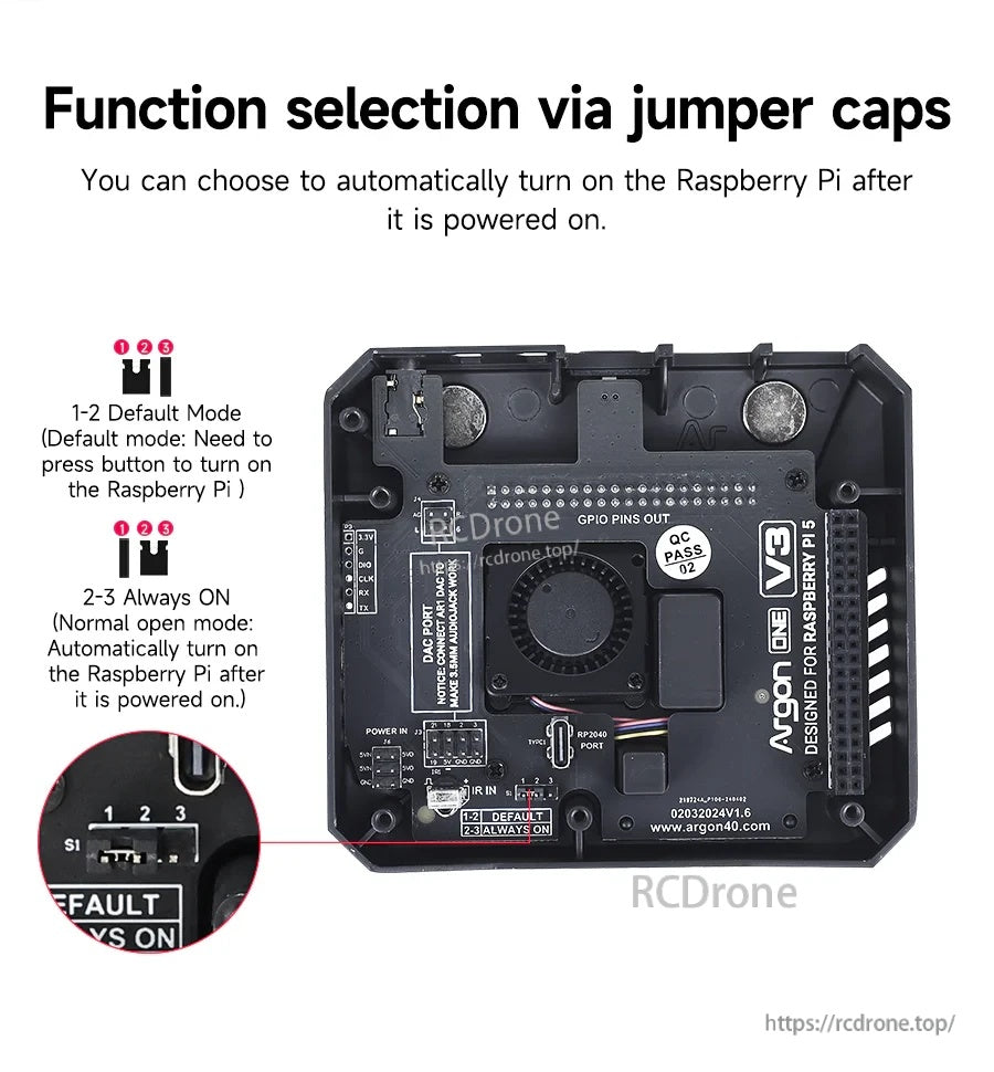 Jumper cap mode selection for power behavior: default button-on or Always ON auto-start setting