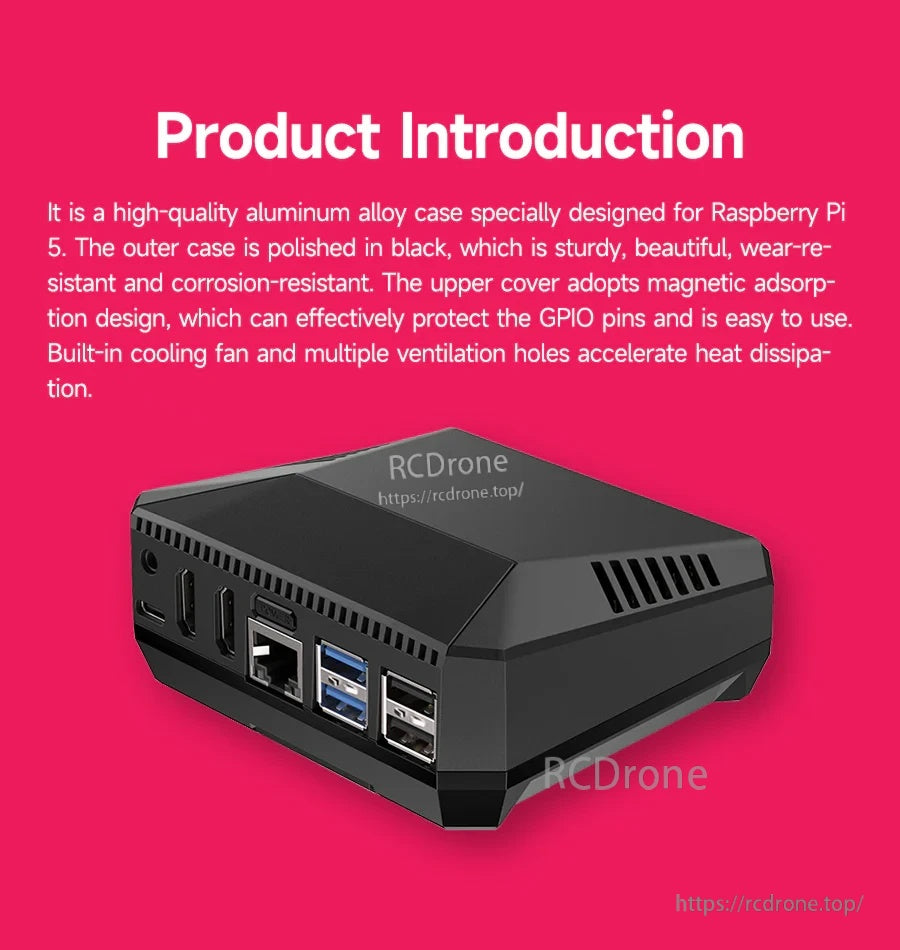 Argon ONE V3 Case on Raspberry Pi 5, polished black aluminum top with side ventilation cutouts