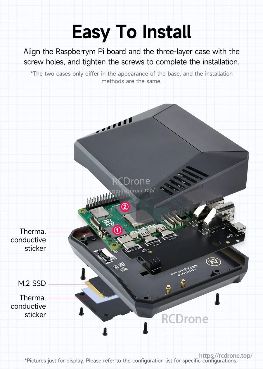 Exploded installation view with Raspberry Pi 5, screws, thermal pads, and layered case assembly