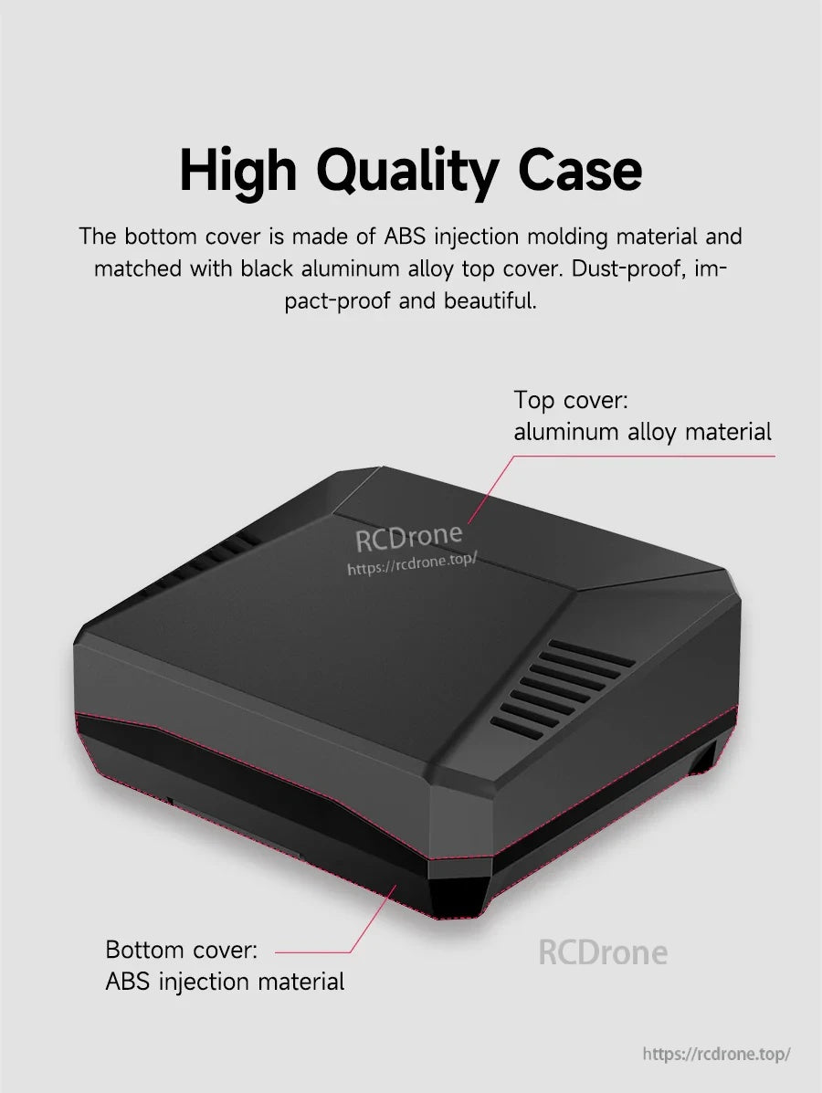 Case materials callout: black aluminum alloy top cover with ABS injection-molded bottom cover