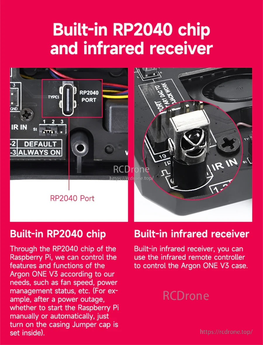 Close-ups of integrated RP2040 port and built-in infrared receiver module on the case board