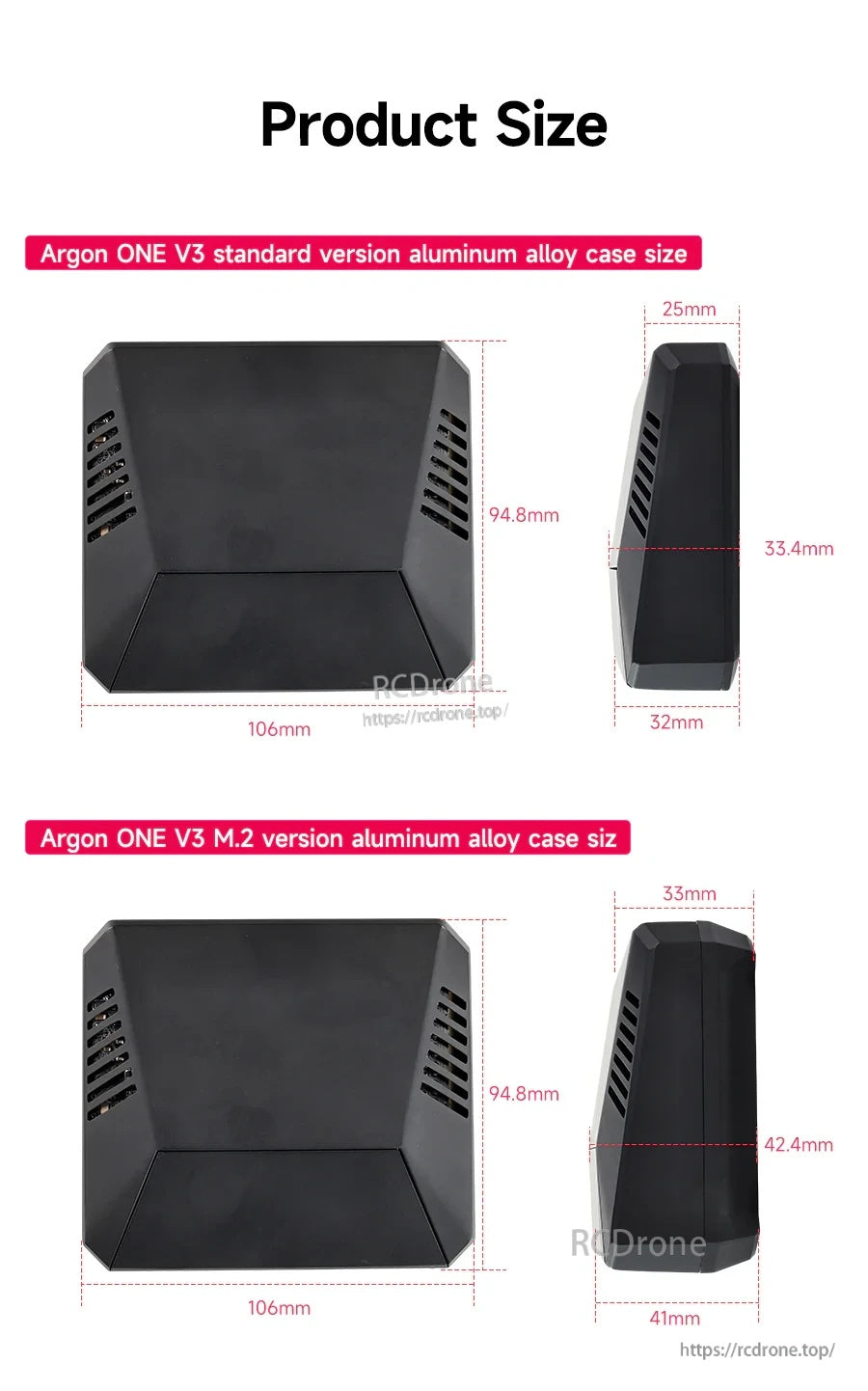 Product size diagram for standard and M.2 versions with dimensions and side-profile height differences