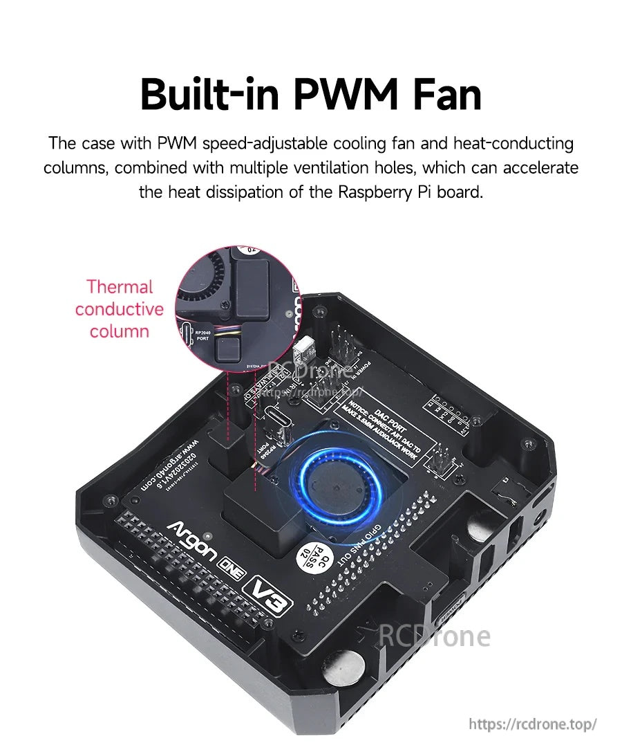 Inside view showing built-in PWM cooling fan and heat-conducting columns on the expansion board