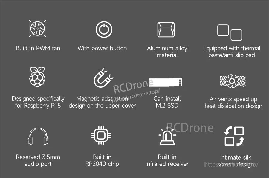 Feature overview icons: PWM fan, power button, aluminum top, magnetic cover, IR receiver, RP2040, 3.5mm audio, M.2 SSD support