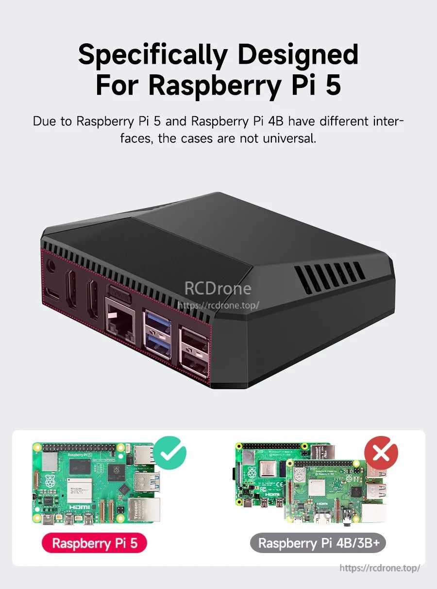 Designed for Raspberry Pi 5 form factor, with note that Raspberry Pi 4B/3B+ cases are not compatible