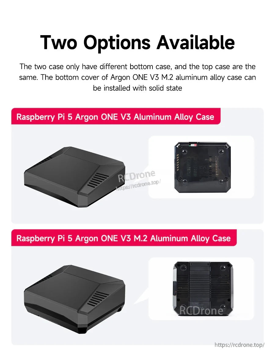 Comparison of standard vs M.2 bottom cover options for Argon ONE V3 Raspberry Pi 5 case