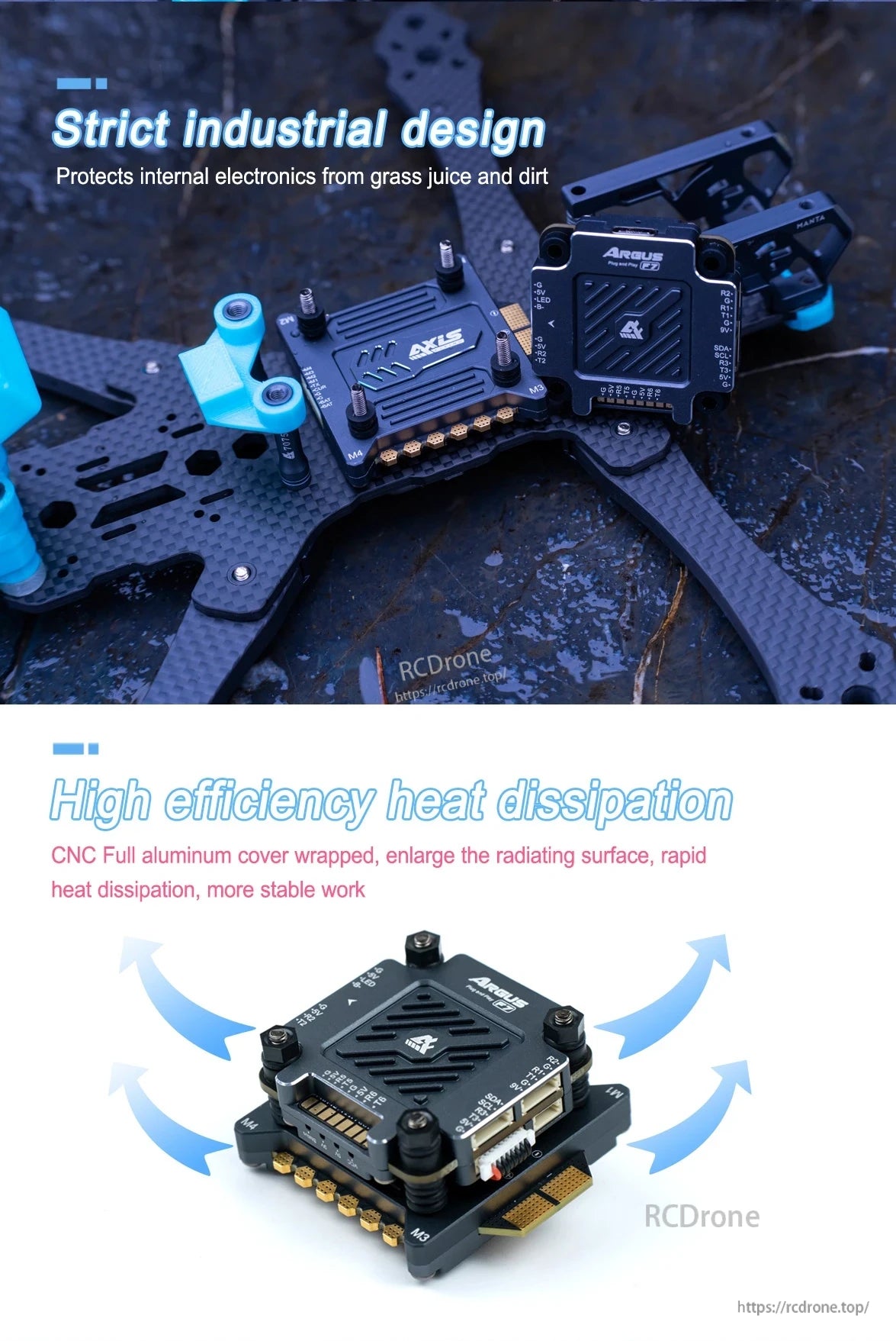 The Argus F7 Flight Controller features industrial design with shielding against dirt and grass, plus a CNC aluminum cover for efficient heat dissipation and stable performance.