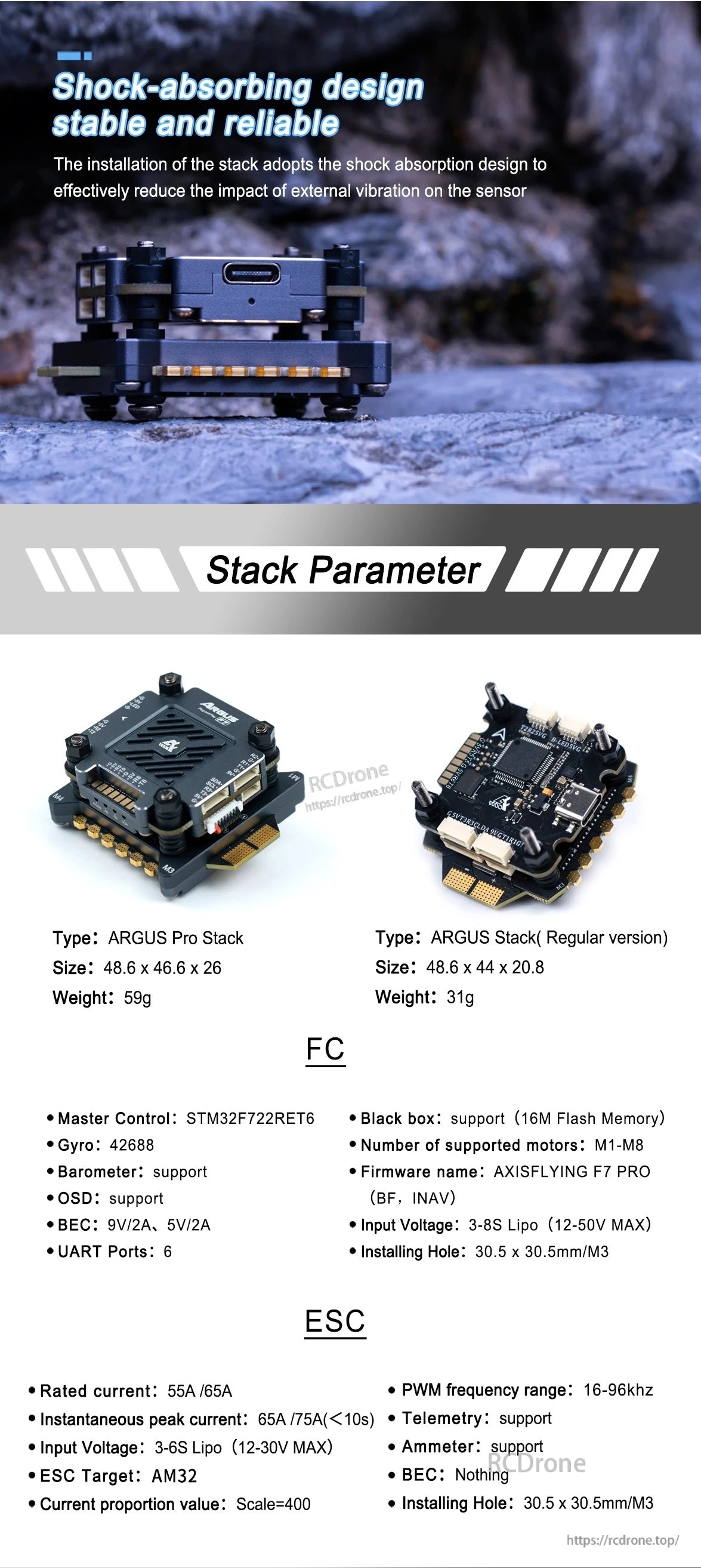 Argus F7 flight controller features shock-absorbing design, STM32F722 MCU, 42688 gyro, barometer, OSD, 55A/65A ESC, and 3-8S LiPo support; available in Pro and Regular Stack versions.