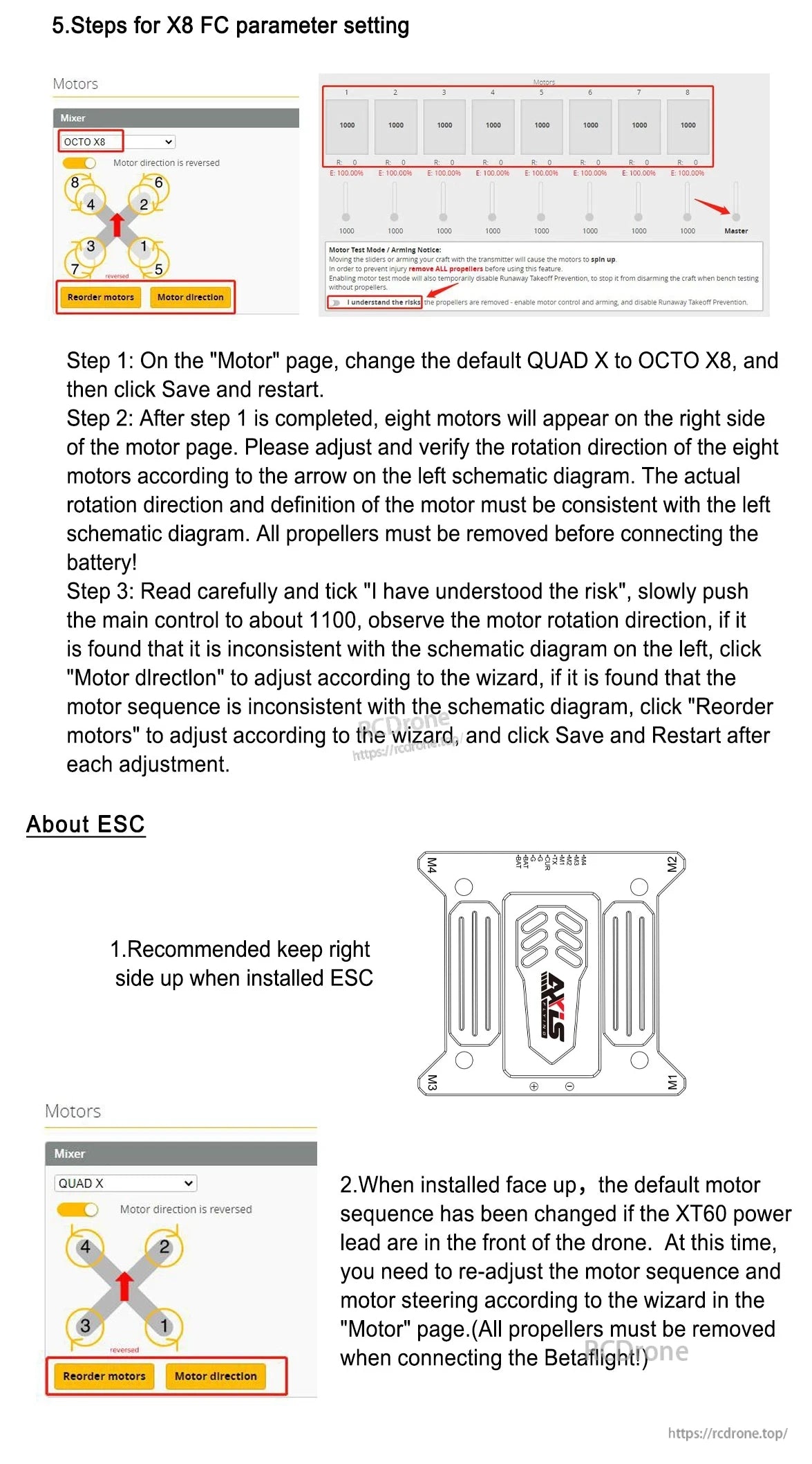Argus F7 Flight Controller, Set X8 FC: Select OCTO X8 mixer, adjust motor direction/sequence via wizard, verify rotation, ensure correct ESC setup, and remove props before testing.