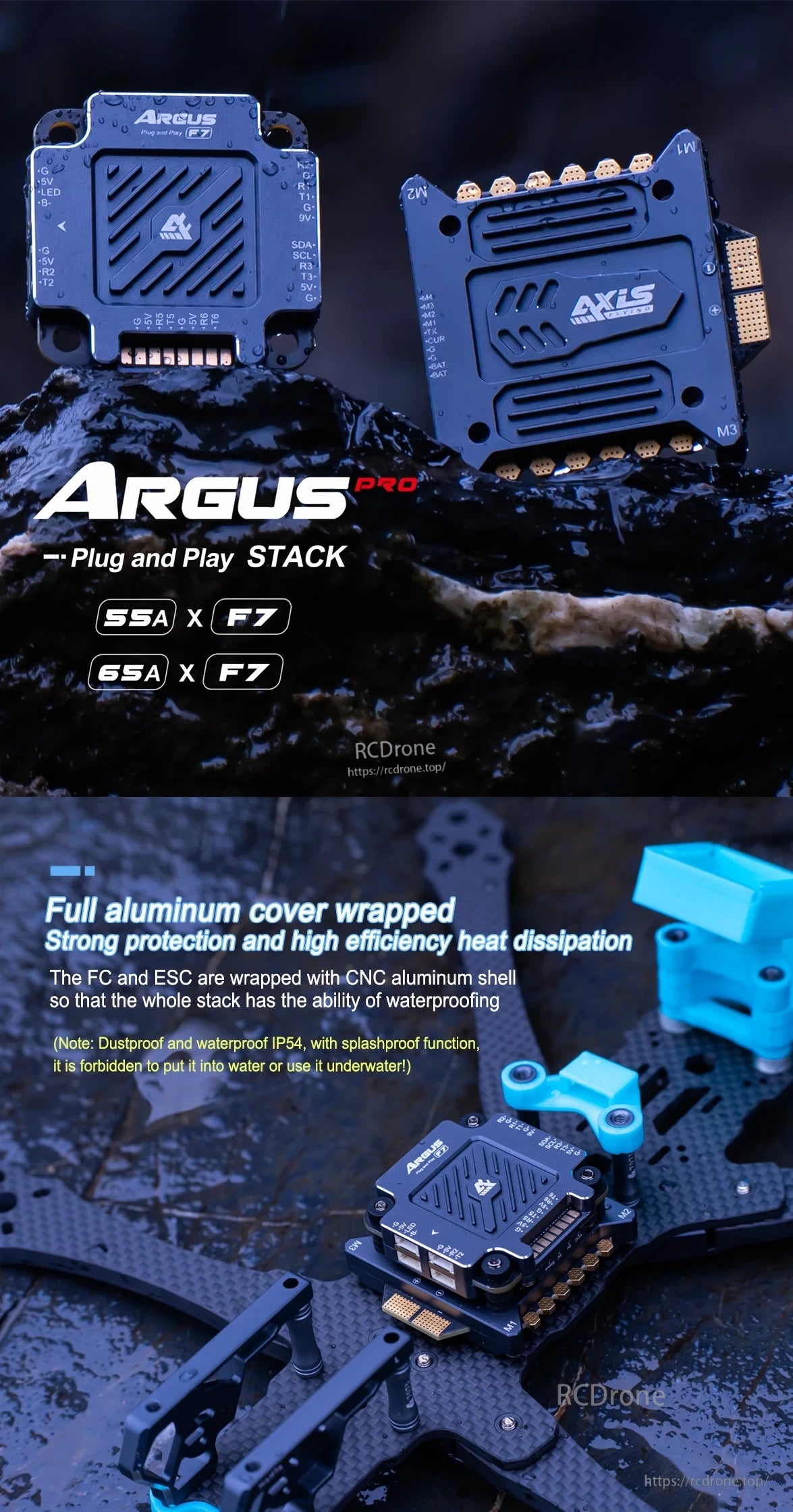Argus F7 Flight Controller, Argus Pro Plug and Play STACK features 55A & 65A F7 options, aluminum cover, IP54 protection, and efficient cooling; not for underwater use. (24 words)