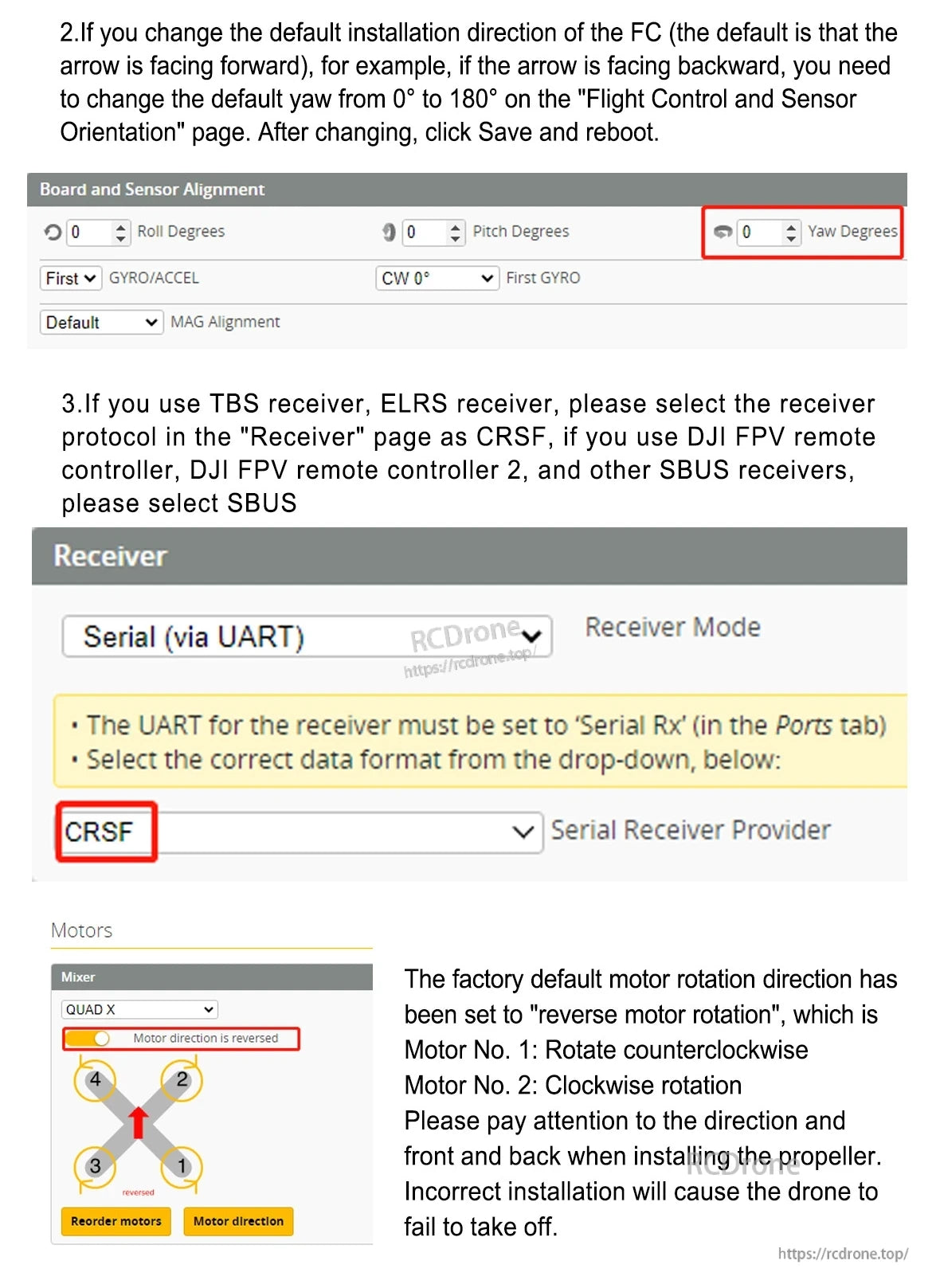 Argus F7 Flight Controller, Set flight controller orientation, select CRSF/SBUS protocol, configure motor direction, and install correct propellers for proper drone operation. (24 words)