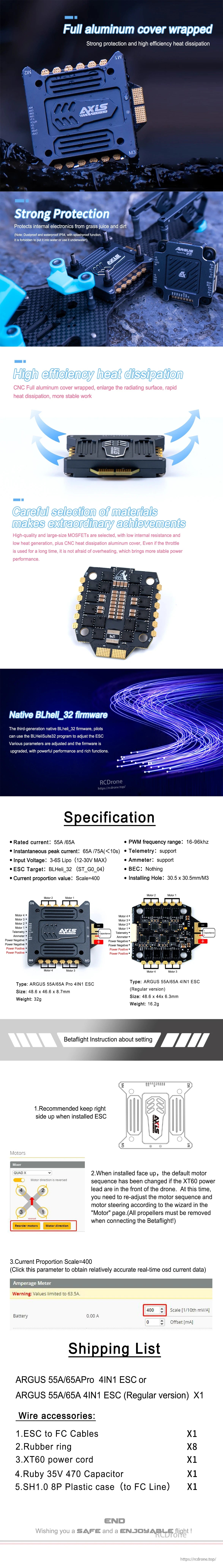Argus Plug and Play Stack, Argus 55A/65A Pro ESC features aluminum cover, BLheli_32 firmware, precise motor control, stable flight, and includes installation accessories.